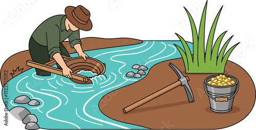 Flat vector illustration of a gold prospector in a hat panning for gold in a river with a pickaxe and a bucket of gold nuggets