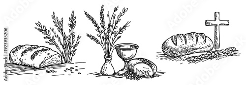 Christian eucharist symbols set with bread wine chalice and cross sketch