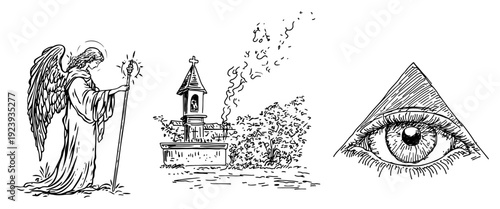 Religious symbols including angel roadside chapel and eye of providence sketch