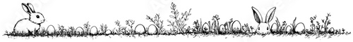 Horizontal meadow border with easter bunny and eggs in grass sketch