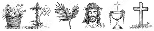 Set of christian religious easter symbols and jesus sketch