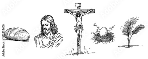 Christian religious symbols set with crucifixion and palm branch sketch
