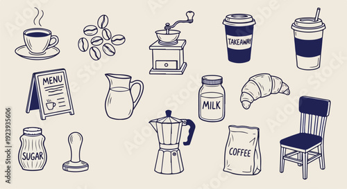 Hand-Drawn Coffee Shop Doodle Icon Set – Espresso Cup, Beans, Grinder and Cafe Elements Loose Sketch Vector
