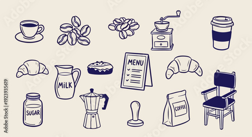 Hand-Drawn Coffee Shop Doodle Icon Set – Espresso Cup, Beans, Grinder and Cafe Elements Loose Sketch Vector
