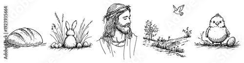 Horizontal set of easter religious and nature symbols including jesus sketch