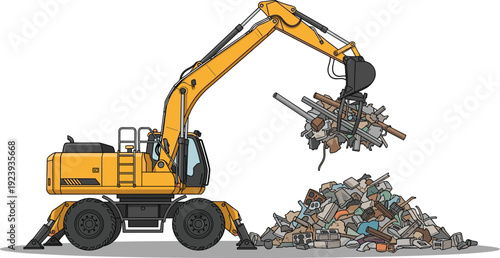 Yellow industrial wheel excavator vector illustration working at scrap yard recycling facility moving metal debris and construction waste on white background