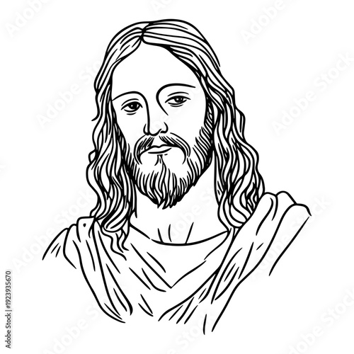 Portrait of jesus christ face with long hair sketch