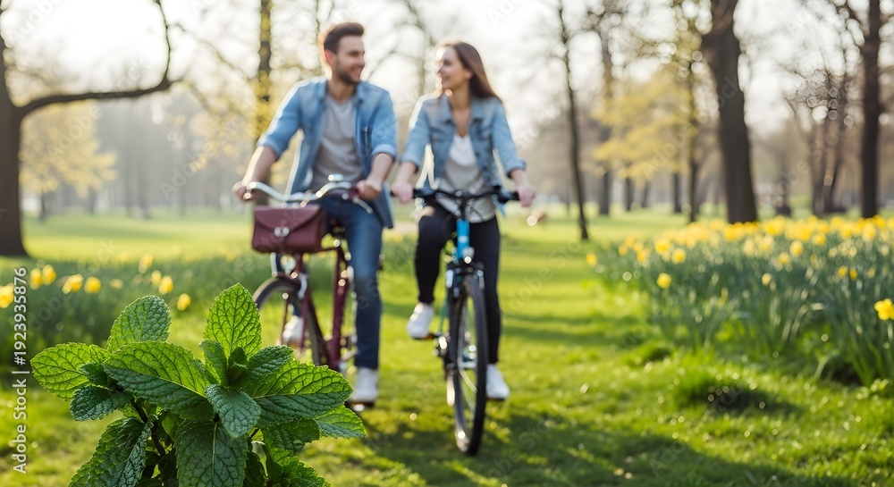 Naklejka premium Couple cycling outdoors in natural environment