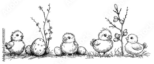 Cute easter chicks with eggs and willow branches sketch