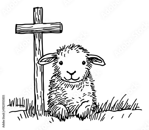 Little lamb sitting next to wooden christian cross sketch
