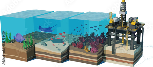 3D isometric diagram of an offshore oil rig platform with cross-section of ocean floor layers marine life coral reefs and deep sea drilling.