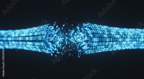 Binary code stream breaking apart in a digital explosion, representing data loss, cyber security threat, corruption, or a system crash in modern technology.
