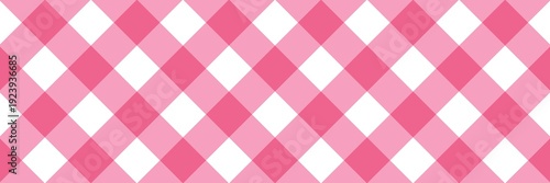 Seamless pink and white gingham checkered pattern. Classic diagonal plaid texture for picnic blankets, tablecloths, wallpaper, and textile design. Geometric rhomboid vector background.