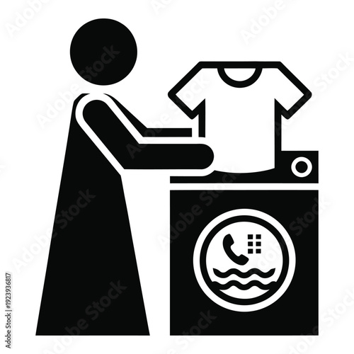 laundry service icon with person placing t shirt into washing machine representing dry cleaning, garment care and cleaning process