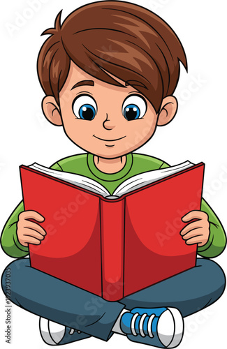 Cute cartoon illustration of a young boy sitting cross-legged and happily reading a large red book for educational and children's literacy designs.