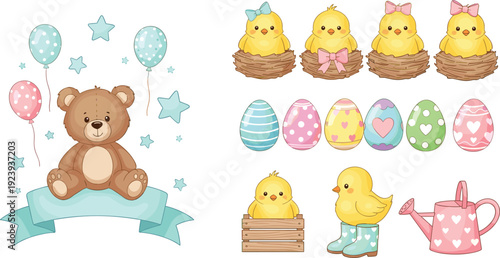 Cute watercolor Easter gnomes with bunny ears and colorful eggs set alongside graceful pink ballerinas in tutus for spring holiday and nursery invitation designs.