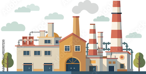 Flat style illustration of a large industrial factory with chimneys, pipelines, and production buildings, representing manufacturing industry, energy generation, and large scale production.