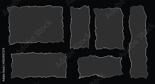Vertical glass effect torn paper strips. Ripped sheet edges and rough scrap pieces. Grunge grey cardboard texture on black. Vector isolated banner set.