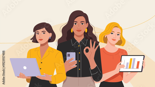 flat illustration of three business women using laptop smartphone and tablet symbolizing digital work technology and teamwork