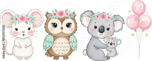 Cute watercolor baby mouse owl and koala characters wearing pink floral crowns with birthday balloons for nursery wall art and baby shower invitations.