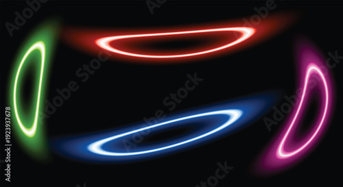 Liquid neon light rings. Glowing fluid circles with perspective distortion. 3D energy loop texture on black. Vector illustration background elements.