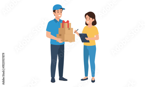 Delivery Man Delivering Gift Packages to Customer Signing Form