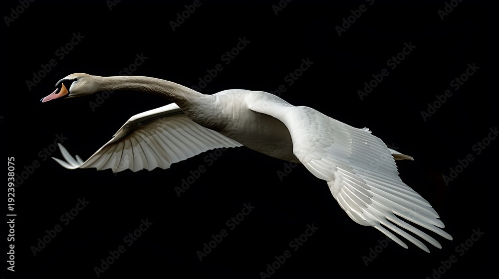 Obraz premium Elegant swan in mid-flight, graceful wings against dark backdrop