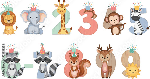 Cute watercolor birthday animal numbers set with lion elephant giraffe monkey zebra and woodland creatures for baby milestone cards and nursery birthday decor.