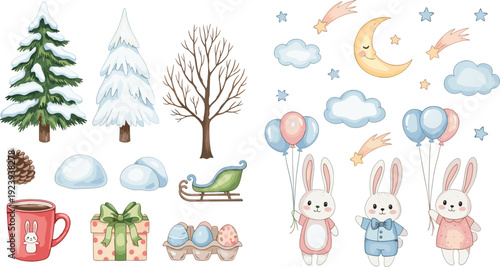 Watercolor winter forest landscape with snowy pine trees and cute bunnies with balloons under crescent moon and stars for holiday nursery decor.
