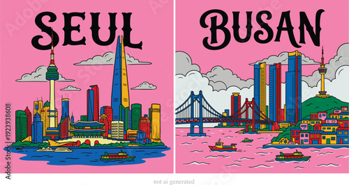 A vibrant set of two hand-drawn vector illustrations featuring the skylines of Seoul and Busan, South Korea. The Seoul illustration highlights the N Seoul Tower, the futuristic Lotte World Tower