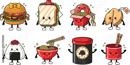 Colorful vector icon set of cute kawaii food characters including burger sandwich noodles sushi onigiri and fortune cookie for restaurant branding and stickers