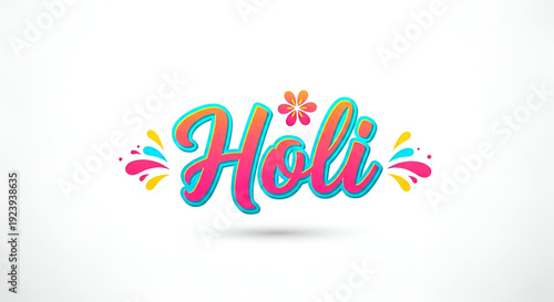 Holi colorful modern typography vector illustration on white background with decorative splash elements for indian festival greeting branding marketing and commercial design use