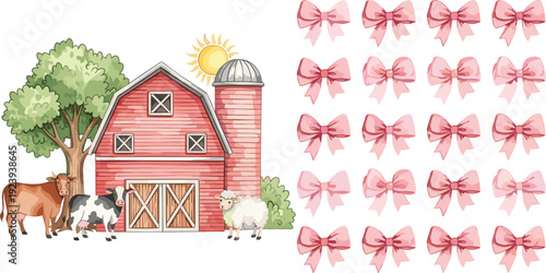 Watercolor red barn farm landscape with cute cows and sheep plus pink ribbon bow set for nursery decor baby shower and girly stationery.