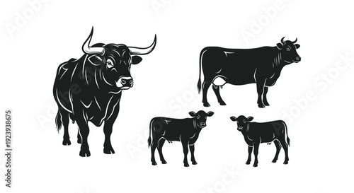 Black Silhouette Herd of Cattle: Bull and Cows on White Background