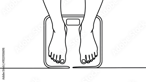 continuous line illustration of person standing on weighing scale symbolizing weight loss health fitness and body measurement