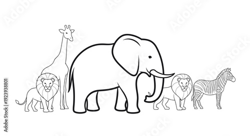 African Wildlife Animals Line Art - Elephant, Lions, Giraffe, Zebra