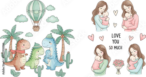 Watercolor cute dinosaur family with hot air balloon and palm trees set and mother holding baby collection for nursery decor, baby shower, and greeting cards.