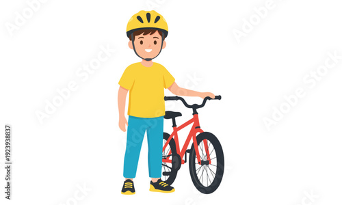 Young boy with red bicycle wearing a yellow helmet