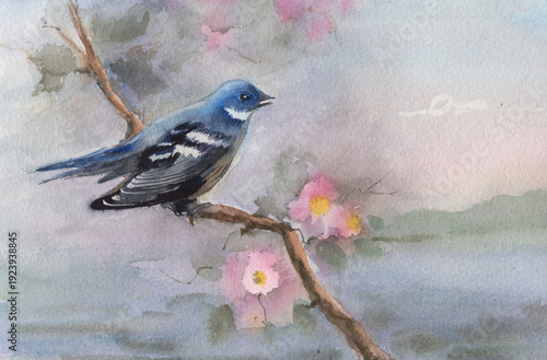 a bird singing over a lake in spring