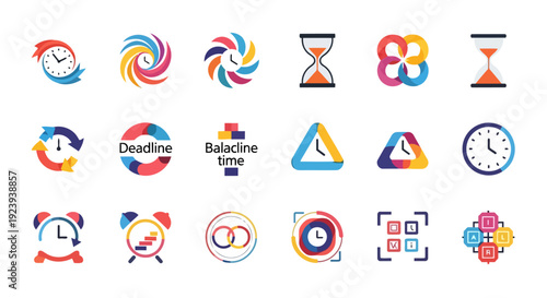 Modern colorful icon collection exploring the concept of time through unique abstract clock-inspired forms. This 12-icon set avoids traditional clock faces and uses flat vibrant colors and clean 
