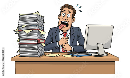 Stressed Businessman Overloaded with Paperwork at Office Desk