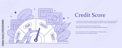 Credit score meter with man and pointer. Vector business Line illustration