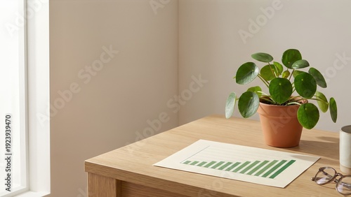 Green Potted Plant on Office Desk Next to Printed Financial Growth Chart for Business Planning