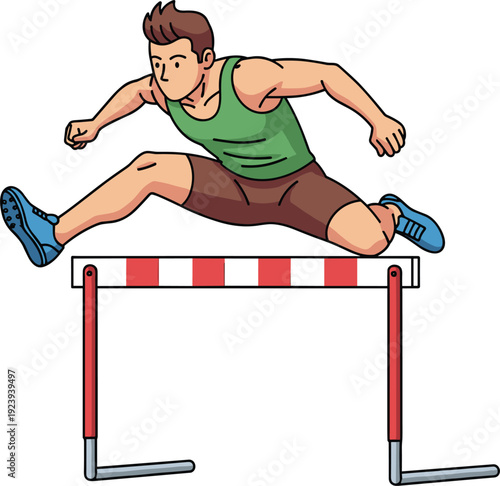 Professional male athlete jumping over a red and white hurdle during a track and field race, sports competition and fitness vector illustration.