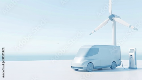 Clean Delivery Van Charging at Wind Turbine for Renewable Energy Transportation Concept