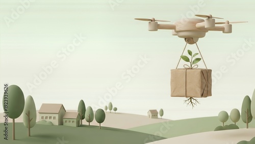 Eco-Friendly Drone Delivery Concept with Wooden Package and Growing Plant Seedling