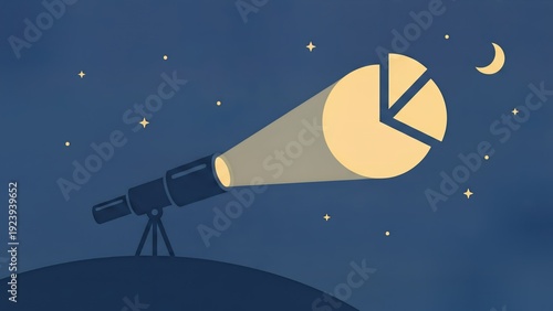 Telescope Projecting Glowing Pie Chart Into Night Sky for Business Vision and Forecasting