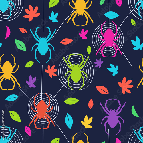 Seamless pattern colorful spiders on dark blue background, vector eps 10