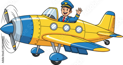 Happy cartoon pilot waving from a yellow and blue propeller airplane in flight, aviation transport illustration for children education, travel, and adventure.