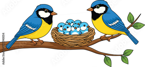 Cute cartoon illustration of two blue tit birds tending to their chicks in a nest on a tree branch, representing family and nature.